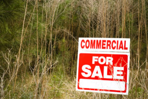Sign reading "Commercial" and "for Sale" on empty lot with weeds.